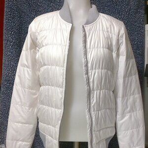 Athleta Dobby Goose Down White Puffer Bomber Jacket Womens Size XS Pockets